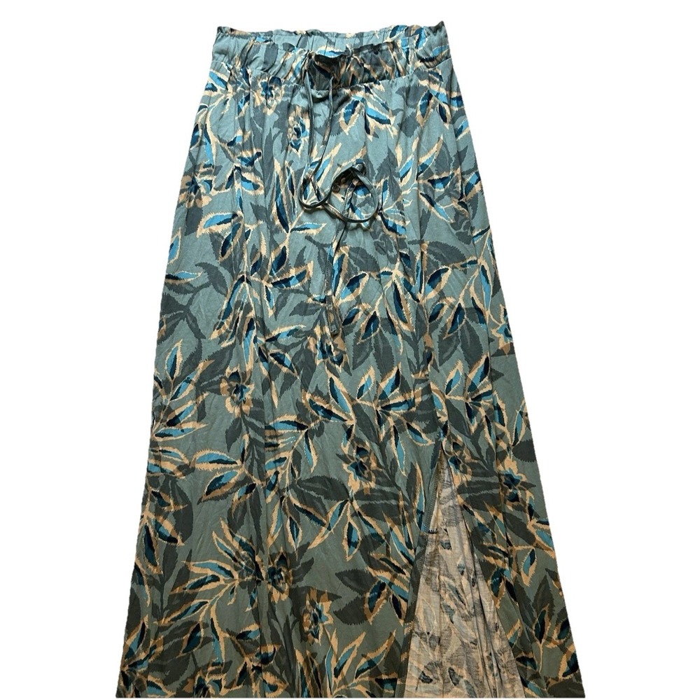 Lascana (NEW) Tropical Leaf Print Maxi Skirt Teal Blue Paperbag Waist Slit NWT - Picture 3 of 12